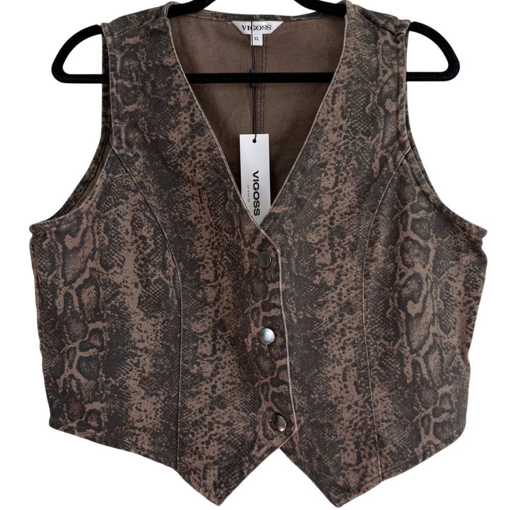 Vigoss Brown Snakeskin Denim Vest Button Front Western Animal Print Womens XL